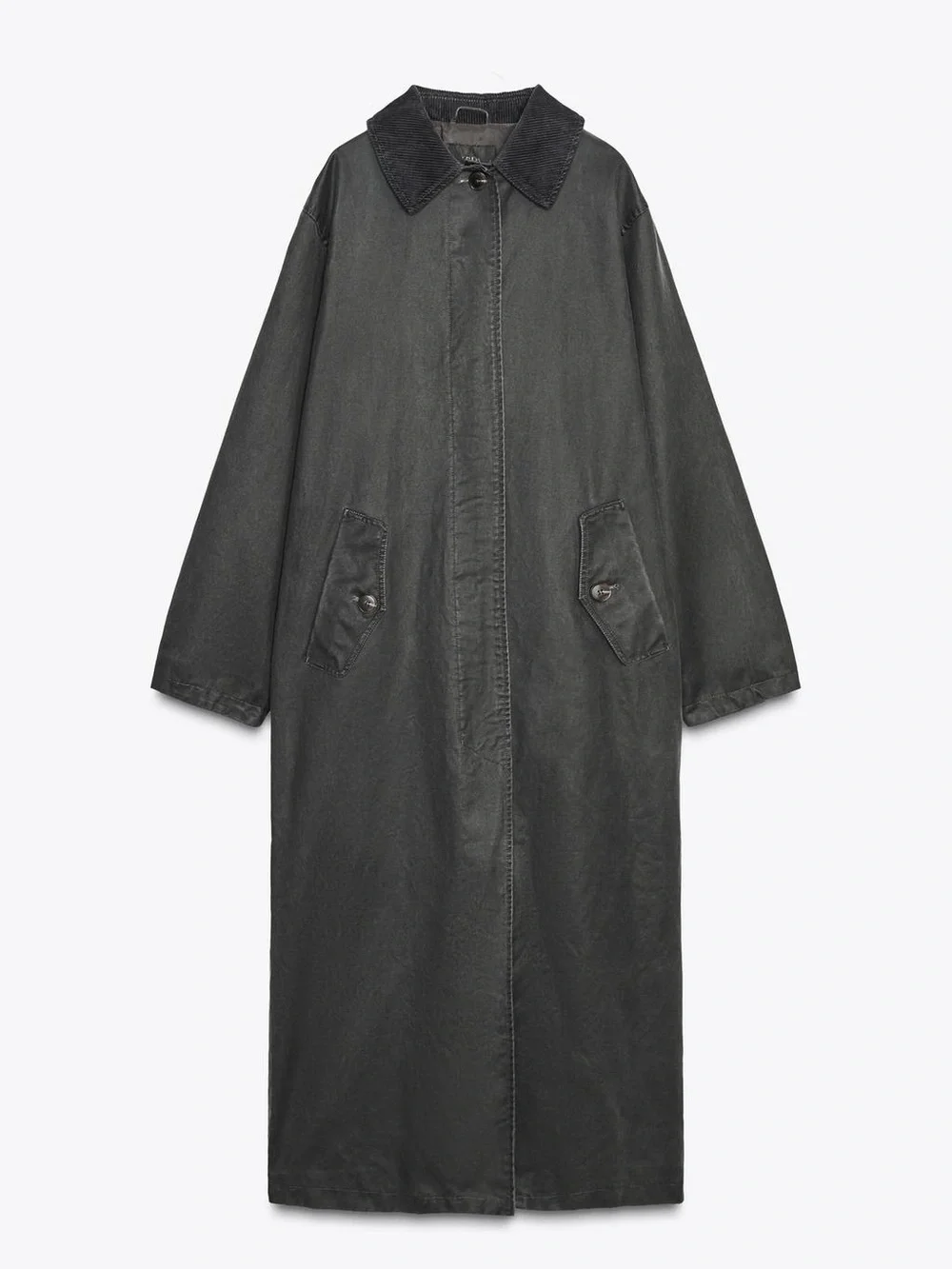 Zara Anthracite Grey Waxed Trench Corduroy Collar XS-S NWT